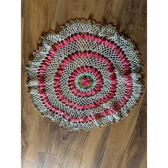 Handmade Crochet Lace Doily With Pink & Green Floral Design 26" Round - Picture 1 of 4